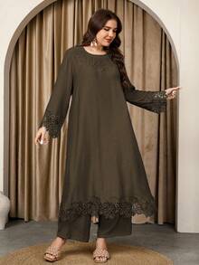 Graceveil 女士圆领长袖长上衣和直筒裤蕾丝拼接宽松休闲高端舒适大码套装 - 棕色 - 查看 3