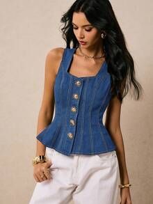 Poéselle Nouveauté Tops en denim pour femmes, col carré, bretelles, décoration boucle métallique, volants à la taille au dos, ourlet. Vêtements d'automne, tops en denim bleu foncé. Élégant à la française, mode de rue, porter au quotidien, idéal pour les voyages