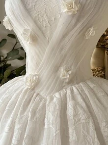 Lovelzi Váy dài vải thêu trắng kiểu cung điện thanh lịch, sang trọng, quý phái với họa tiết hoa 3D và dáng chữ A, thích hợp cho tiệc đơn, đám cưới, tốt nghiệp, kỳ nghỉ, tiệc chia tay cuộc sống độc thân - trắng - Xem 5