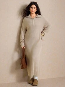 Elaquor 大码女式纯色落肩半拉链休闲针织超长毛衣裙长袖长裙毛衣裙女式针织超长裙秋冬女装