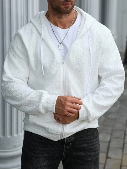 Manfinity Homme Men's Plus Size Casual Plain Textured Zip-Up Drawstring Hoodie