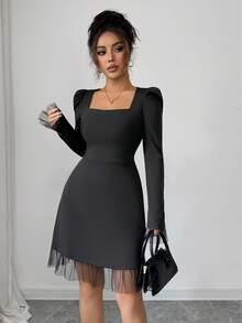 Elenzga Vestido elegante de mujer con cuello cuadrado, mangas abultadas y dobladillo de malla de unicolor - Negro - Ver 1