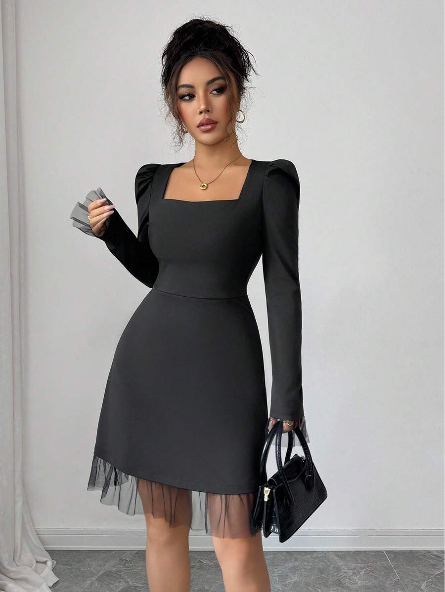 Elenzga Vestido elegante de mujer con cuello cuadrado, mangas abultadas y dobladillo de malla de unicolor - Negro - Ver 1
