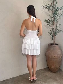 Andrea Bello Women's Vacation Mini Dress With Elastic Ruched Bust, Tie Neck, Bowknot, And Tiered Ruched, Can Wear Inner Or Outer,Valentine's Day Date Outfits,New Year Women Dress,Christmas Women Clothes,Party Women Outfit,Music Festival/Concert Clothing,Valentine Day,Summer Dresses For Women,White Graduation Dress