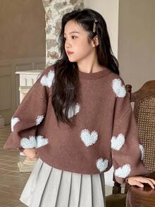 DAZY 秋冬时尚少女心形灯笼袖毛衣 - 棕色 - 查看 4