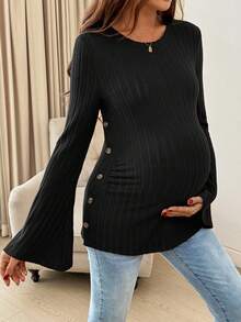 SHEIN Casual Ribbed Crew Neck Flare Sleeve Nursing Top - Black - View 6