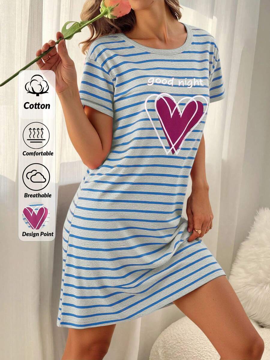 EURMUSE 棉质女士圆领彩色条纹心形印花短袖睡衣裙 - 藍色 - 查看 1