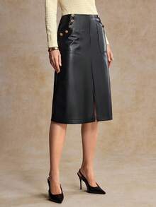 House of One High-Waist Slant Pockets A-Lined Black PU Midi Skirt With Front Slit Women Autumn Elegant Wear