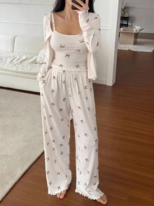 DAZY 3件套蝴蝶结印花吊带背心、裤子和长袖纽扣门襟上衣女士睡衣套装，秋冬服装 - 白色 - 查看 3
