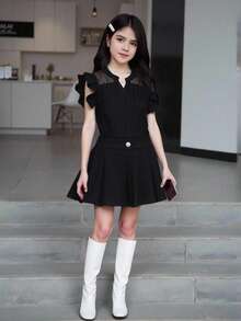 Áo sơ mi ren vá viền bèo nhún màu trơn đơn giản cho bé gái tuổi teen - màu đen - Xem 5