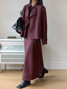 DAZY 女士宽松短款风衣外套和直筒长裙两件套休闲套装 - 酒紅色 - 查看 6