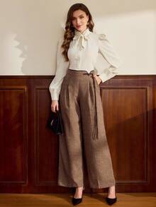 Vintamour Vintage Classic Elegant Women's Pants, Fitted Contrast Trim Pants, Button Closure Trousers, Brown Pants, Autumn/Winter Autumn Clothes Winter Clothes For Women  Brown Pants Business Casual Woman New Year Women's Clothes Brown Pants - Brown - View 4