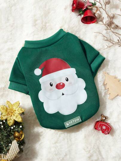 PETSIN 舒适的圣诞绿色羊毛狗狗运动衫 - 可爱的圣诞老人印花，温暖的圆领套头衫，冬季节日宠物服装，适合室内和室外节日场合