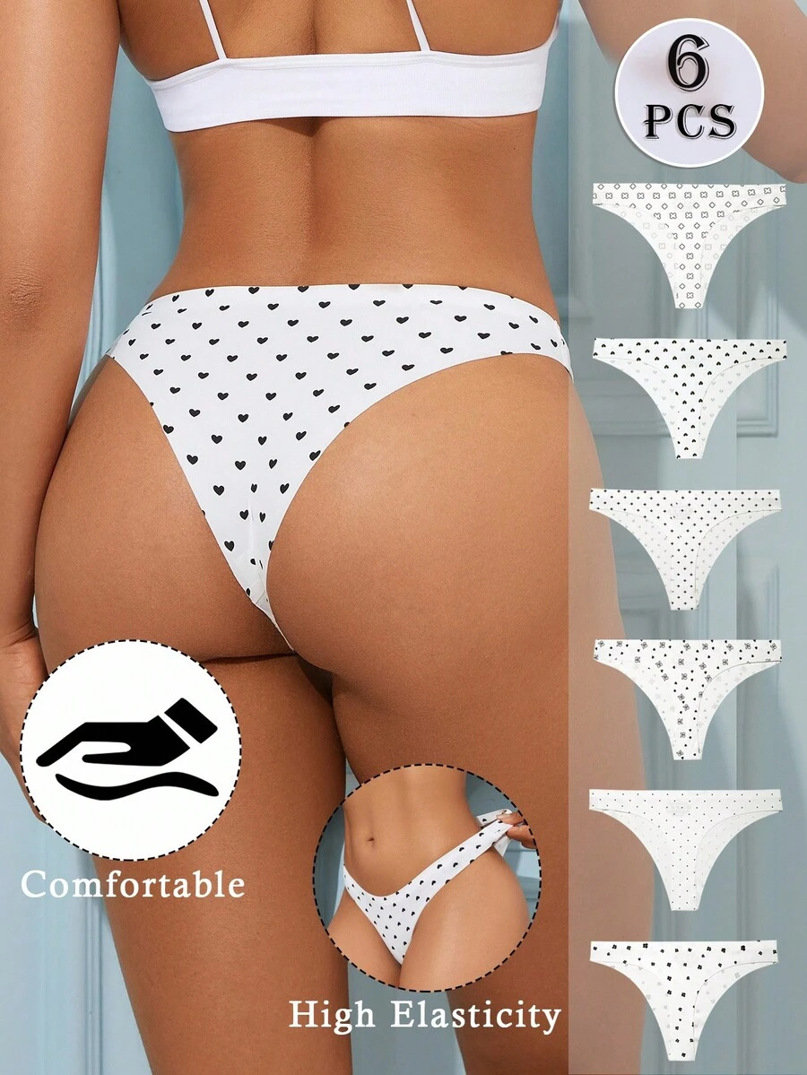SHEIN 6pcs Women's Comfortable Tummy Control, Waist Cinching, Butt Lifting Printed Low-Rise Briefs - Black and White - View 1