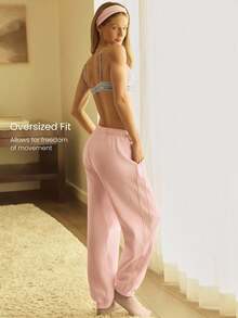 GLOWMODE Petite Everyday Fleece Be Comfy Oversized Fit Adjustable Drawstring Waist Basic Joggers With Side Pockets Daily Casual - Baby Pink - View 2
