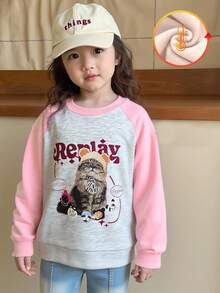 Genkimix Kids Áo nỉ Raglan vai màu khối Genkimix cho bé gái, thiết kế in hình mèo dễ thương, phong cách ngọt ngào và đáng yêu, thích hợp mặc vào mùa xuân, mùa thu, mùa đông, thích hợp mặc đi chơi, đi học, mặc thường ngày - Hồng - Xem 5
