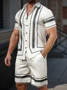 Manfinity Mode 男士撞色条纹前开襟纽扣修身短袖休闲衬衫，适合夏季度假穿着。 - 彩色 - 查看 6