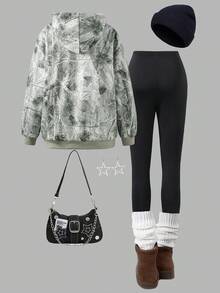 女式树枝印花长袖连帽衫和裤子休闲两件套秋季服装 - 彩色 - 查看 2