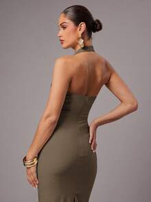 Silquee 女式纯白色露背吊带连衣裙，春夏 - 咖啡棕 - 查看 6