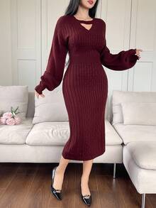 DAZY 女士纯色毛衣裙，秋季红色女装 - 酒紅色 - 查看 3