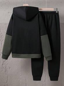 SHEIN 青少年男孩连帽运动衫和运动裤套装，黑色修身款，休闲学院风，舒适时尚，百搭，面料柔软，适合日常穿着、上学、郊游、户外活动、秋冬、返校 - 彩色 - 查看 3