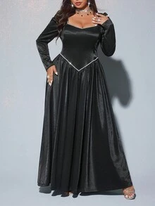 Viva Relle Vestido versátil y de moda con cuello cuadrado, mangas abullonadas con perlas y cintura ceñida en talla grande