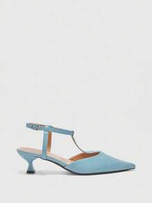 CUCCOO BIZCHIC Giày cao gót hở gót quai chữ T mũi nhọn cho nữ - Màu xanh lam - Xem 2