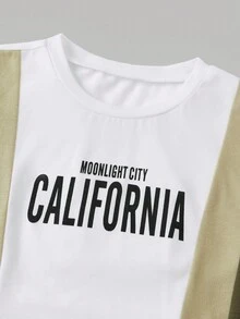 SHEIN 2 piezas Conjunto informal de vacaciones para niños preadolescentes, camiseta de manga larga con cuello redondo, parche, estampado de letras y bolsillo con contraste de color, combinada con pantalones cargo, adecuado para uso casual, vuelta al colegio, fiesta de cumpleaños, fiesta de noche, actuación, bautizo, ceremonia de apertura, uso diario, escuela, viaje, deportes, primavera/verano - Verde militar - Ver 4