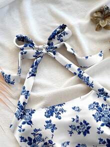 SHEIN 青少年女孩休闲假日蓝白印花挂脖背心，适合度假 - 藍白色 - 查看 5