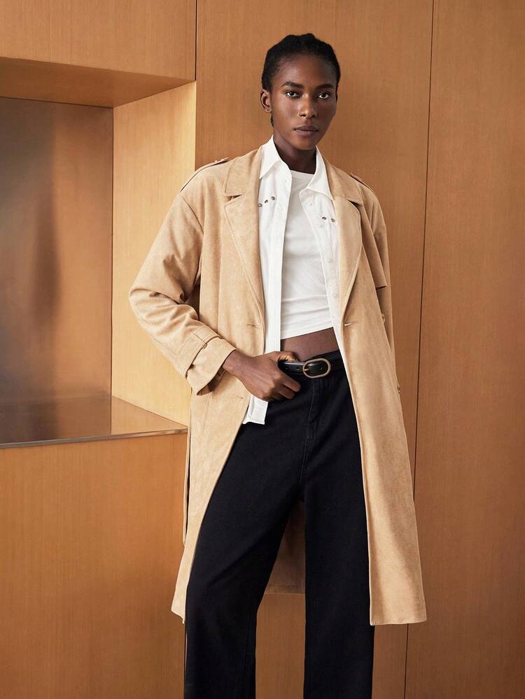 SHEIN Maija Abrigo casual de trinchera de doble botonadura con cuello solapa y manga larga de unicolor para mujer en otoño/invierno