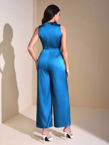 JIAN LASALA Peak Lapel V Neck Sleeveless Wide-Leg Solid Satin Jumpsuit Women Autumn Elegant Wear Women Jumpsuits Blue Jumpsuit For Women Sleeveless Jumpsuit Teal Jumpsuit Wide Leg Jumpsuit Women Jumpsuits Flare Jumpsuit Royal Blue Jumpsuit Winter Wedding Guest Luxury Stylish Clothing Collection Bachelorette Party Prom Jumpsuits - Teal Blue - View 2