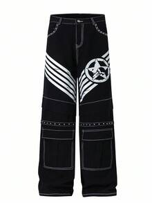 ROMWE MEN Street Life Y2K Print Loose Fit Baggy Jeans For Men, Grunge - Black - View 1