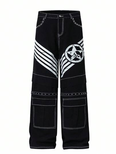 ROMWE MEN Street Life Y2K Print Loose Fit Baggy Jeans For Men, Grunge