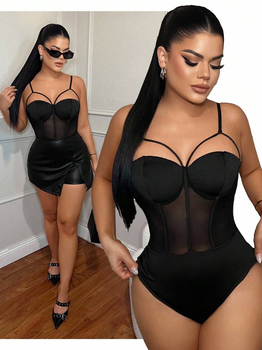 SHEIN SXY 女士性感黑色吊带网纱拼接罩杯装饰连体衣,春夏时尚,商务休闲装,束身衣,辣妹风,夜店装,性感夜店装,透视上衣,女士上衣,胸衣连衣裙,网纱套装,内置胸罩 - 黑色 - 查看 1