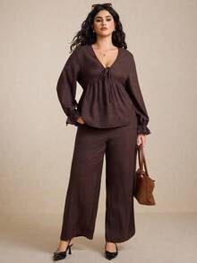 Elaquor Plus Size Solid Color Loose Long Sleeve Top And Wide Leg Pants 2 Pieces Set - Coffee Brown - View 4