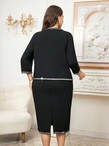 SHEIN Clasi 大码女式流苏边长袖开衫和无袖连衣裙优雅两件套 - 黑色 - 查看 8