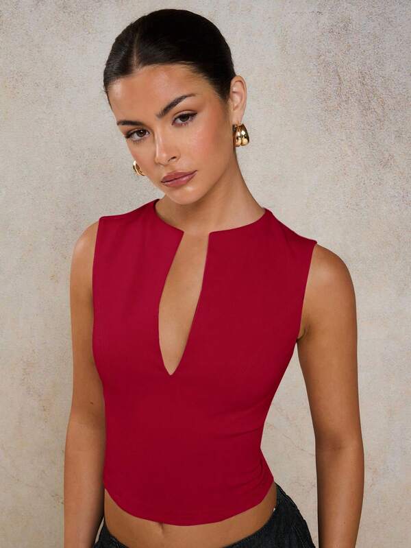COSMINA Top elegante de mujer de unicolor con escote en V profundo, cuello entallado y ajustado, en color rojo