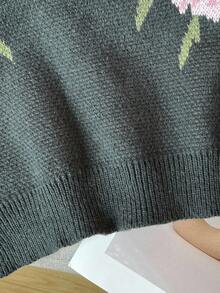 青少年女孩花卉提花寬鬆針織毛衣，深粉色，適合日常、派對告別、度假，秋冬可愛套頭衫 - 深灰色 - 查看 7
