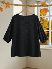 EMERY ROSE 大码休闲度假印花拼布缺口领衬衫，春装，女士西装