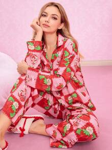 Strawberry Shortcake X SHEIN 女士草莓卡通图案长袖上衣和裤子睡衣套装，秋冬服装 - 紅色 - 查看 5