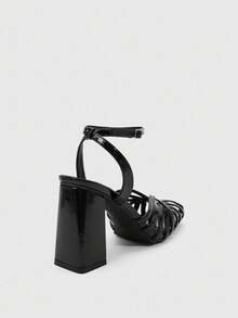 CUCCOO SZL Women's Square Toe Chunky Heel Black PU Leather Slip-On Flats, Fashionable Minimalist Comfortable For Daily Wear And Occasions