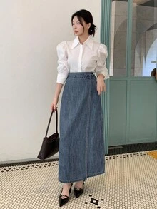 DAZY 女士裹身式侧系带开衩长款休闲牛仔裙 - 中等水洗藍 - 查看 3