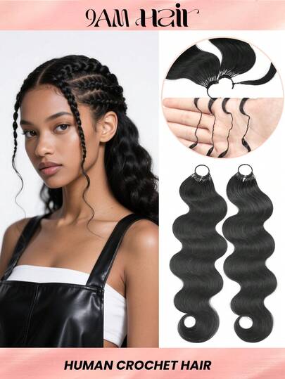 Boho Braids Body Wave Human Crochet Hair In 100% Remy Human Hair Feather Line Crochet Hair Braids Salon Silky Seamless Invisible Natural Black Color For Thin Hair Woman Micro Pre Looped Crochet Human Hair Extensions