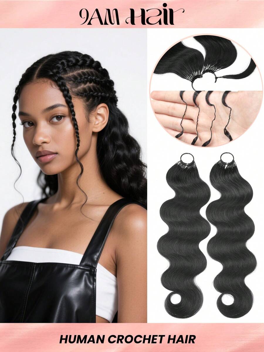 Boho Braids Tóc giả dạng móc Body Wave Human Crochet Hair 100% Remy Human Hair Feather Line Crochet Hair Braids Salon Silky Seamless Invisible Natural Black Color For Thin Hair Woman Micro Pre Looped Crochet Human Hair Extensions - Natural Black - Xem 1