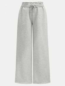 SHEIN 青少年女孩休闲宽松低腰松紧腰带阔腿运动裤，适合春、夏、秋、冬 - 淺灰色 - 查看 3