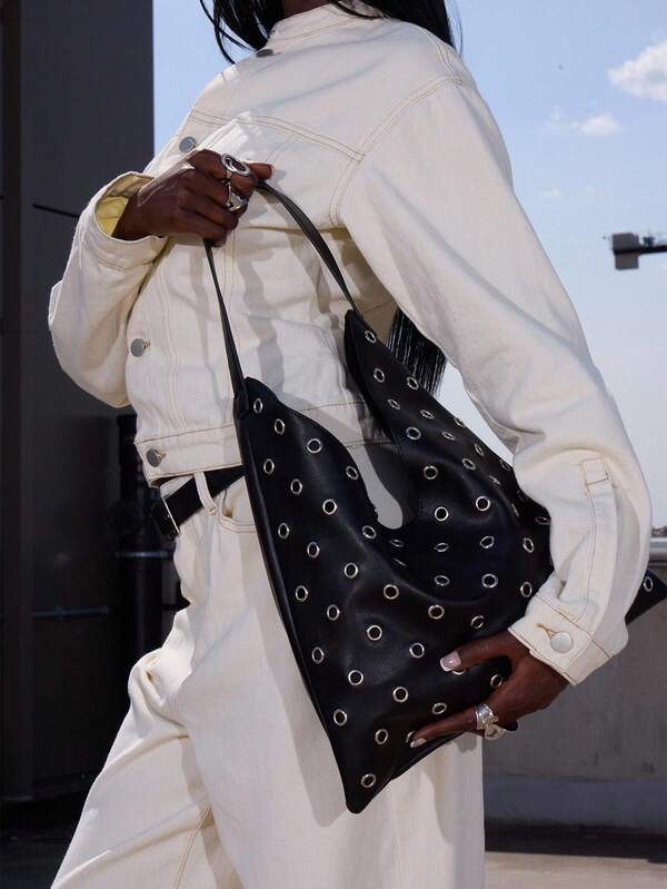 MUSERA Bolso de mano de piel sintética con ojetes y tachuelas