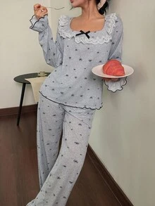 Dream Adore Conjunto de pijama de mujer con top de manga larga y pantalones con estampado de lazo, detalles de encaje de color contrastante, cómodo y elegante, ropa de otoño e invierno - Gris - Ver 5