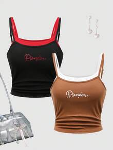 2 件套青少年女孩休闲时尚街头字母印花二合一舒适打底上衣，夏季 - 彩色 - 查看 4