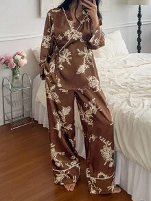 DAZY Chinese Style All-Over Print Lapel Women Pajama Set, Fall Clothes - Brown - View 3