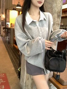 DAZY 女式二合一韩版波点印花长袖上衣，秋冬 - 灰色 - 查看 2